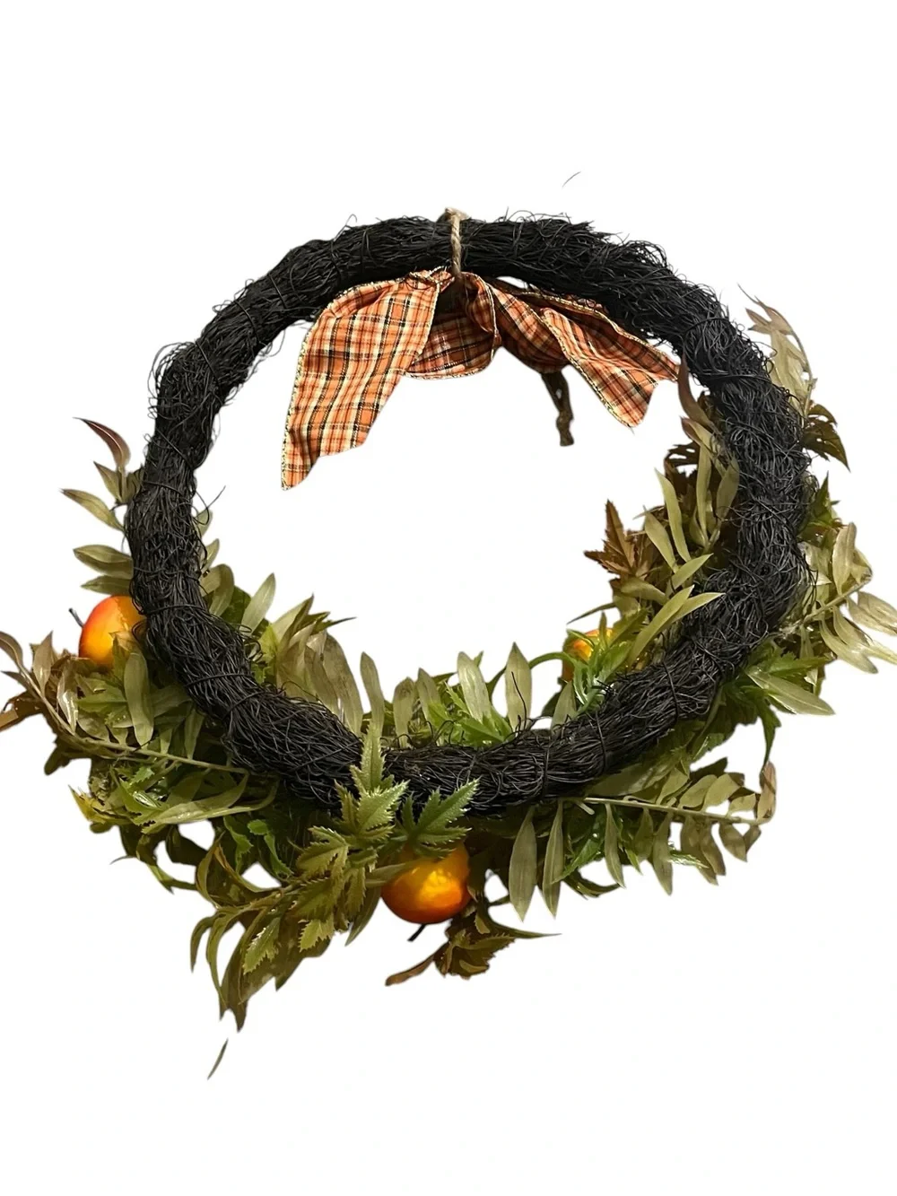 NWT! Autumn Orange Fruit & Leaf Wreath with Plaid Bow
